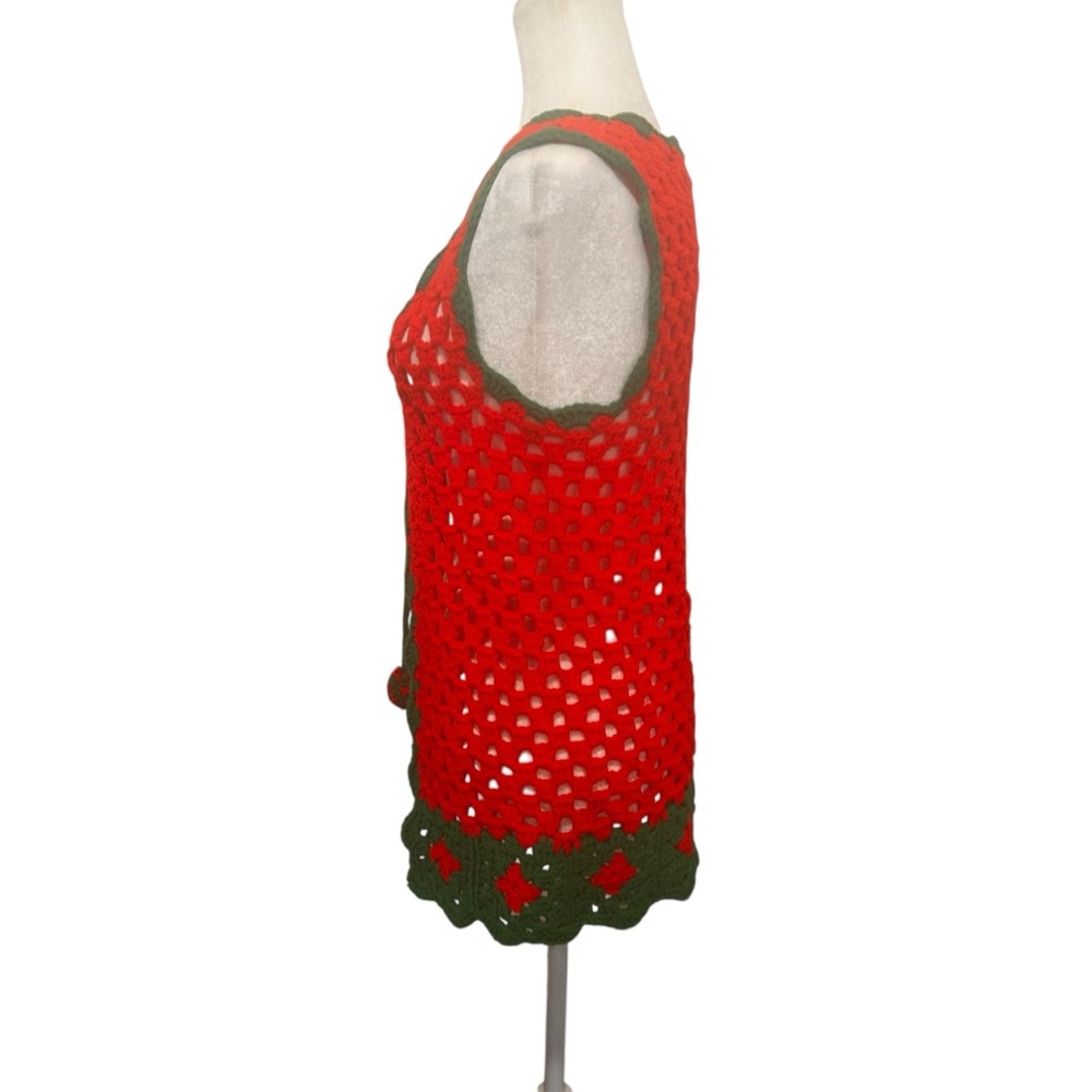 Christmas crochet vest red green size medium handmade holiday open stitch W/tie - Picture 6 of 11